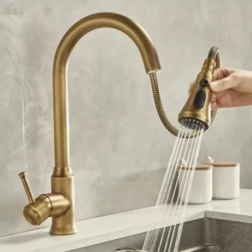 Vintage Brass Pull Out Kitchen Faucet with 360 Degree Rotation Antique Sink Mixer Tap for Kitchen Torneira Cozinha with Mixer Taps