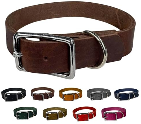 Hunde Halsband Fettleder Silber/XS - XXL für kleine & große Hunde/verstellbar/Flaches Halsband in verschiedenen Breiten (Braun, M (41-47cm) Breite: 25mm)