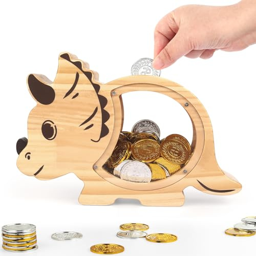 Foyucool Spardose Kinder, Holz Dino Spardose für Jungen Mädchen | Personalisiert Sparschwein mit DIY Aufkleber, für Geburtstag und Festival