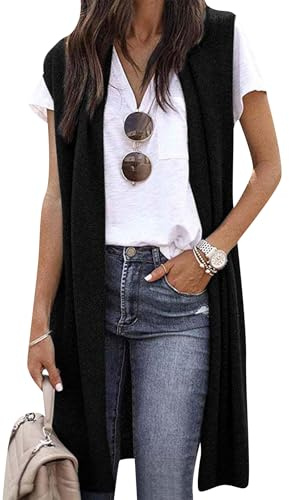 OMZIN Chaleco Sin Mangas Para Mujer Chaleco Largo De Verano Abierto Por Delante Casual Chaleco Liso Suave Negro S
