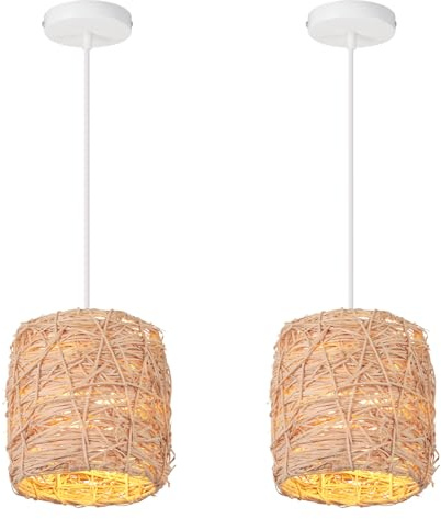 LIGKIN Set di 2 Lampade a Sospensione in Rattan Fatte a Mano Lampadario in rattan naturale, E27 Lampada da soffitto Legno Vintage per Camera da letto Soggiorno Corridoio
