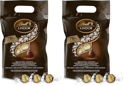 Lindt - Sachet Grand format LINDOR - Chocolat Noir 70% Cacao - Cœur Fondant, 1Kg (Lot de 2)