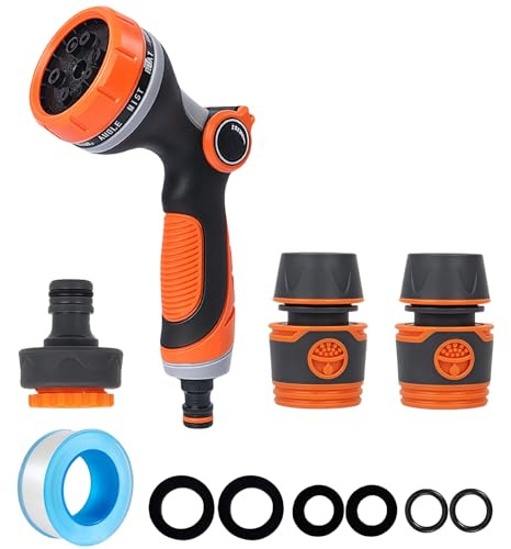Garden Hose Spray Gun Set with Tap Connector, Hose Nozzle with Quick Hose Pipe Connectors, Leak Resistant Water Spray Gun for Garden Watering, Lawn, Car Washing & Pet Bathing