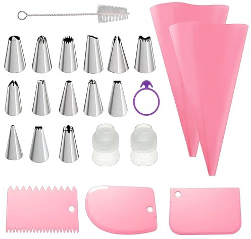 Piping Bags and Nozzles Set, 22 Pcs Cake Decorating Kit with 2 Reusable 12 Inch Piping Bags, 14 Stainless Steel Nozzles, 2 Converters, 3 Scrapers, Suitable for Baking, Icing, Cupcakes, Parties
