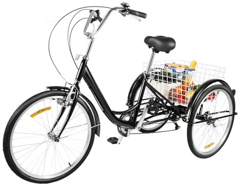 CHERIPOLI 24 Zoll 6-Gang Dreirad für Erwachsene,erwachsenendreirad, Adult Fahrrad, Senioren-Dreirad mit Korb und Licht, 3 Rad großem Shopping und Ausflug (Schwarz)