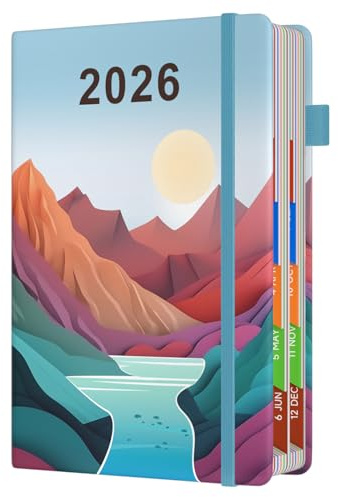 Agenda 2026 A5 une page par jour allant de janvier à décembre, carnet de rendez-vous annuel complet, planificateur journalier mensuel avec onglets colorés et fine poche intérieure