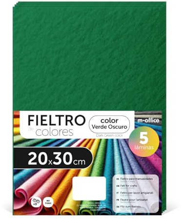 m-office Bastelfilz für DIY-Projekte, Filzplatten in bunten Farben, Weich und Flexibel, Material für Nähen und Patchwork Stoffe, Ideal Handarbeiten, Deko Kunsthandwerk, 20x30cm, (Dunkelgrün, 5 Stk)