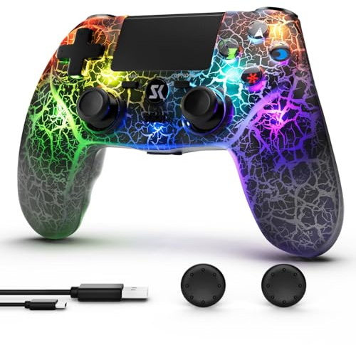 CHENGDAO Kabelloser LED Controller für PS4/Pro/Slim, 1000-mAh-Akku/6-Achsen | Doppelte Vibration/3,5-mm-Kopfhöreranschluss, mit einstellbarer RGB-Hintergrundbeleuchtung (Schwarz)