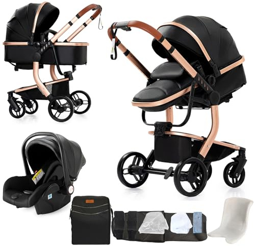 Magic ZC Trio barnvagn i PU-läder, 3-i-1 barnvagn med dubbelläge, vändbar pushläge, Trio för spädbarn, med stor liggvagn, vikbar barnvagn i aluminium (B518 svart)