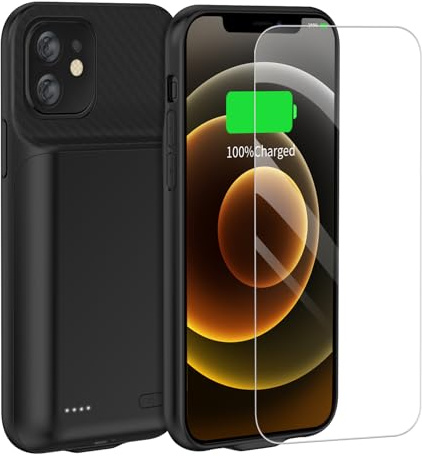 FLSTOR Funda de batería para iPhone 12, 7000 mAh, recargable y resistente, fuente de alimentación de emergencia para iPhone 12/12 Pro (solo compatible con 6.1 pulgadas), con protector de pantalla