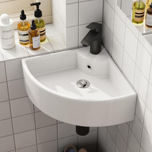 HOROW Weißes Keramik-Eckwaschbecken, 46 x 33 x 13 cm (H x B x T), schmaler Rand, Badezimmer-Waschbecken, Wand- und Aufsatzmontage, kleines Waschbecken für Badezimmer, Garderobe, WC (46 x 33 cm)