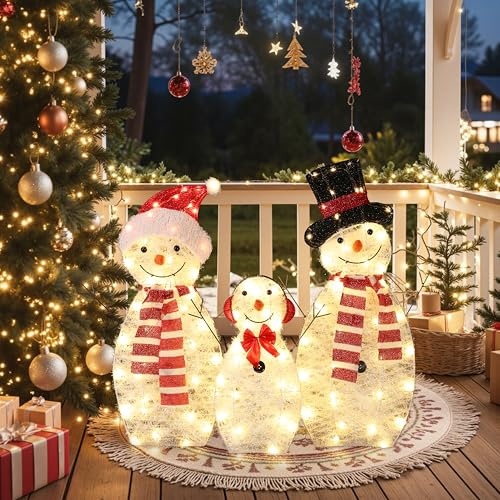 Hometopia LED-Schneemann Familie für Garten & Balkon - Set aus 3 Figuren (49-79 cm) mit 100 warmweißen LEDs, IP44 wasserfest, inkl. Netzteil