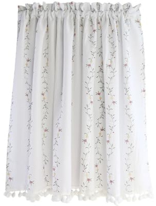 Mobestech Rideau Court Décoratif à Fleurs Cuisine 140X60 CM en Coton Lavable Pompons Élégants Rideau Fleuri Occultant pour Petites Fenêtres Demi-Rideau de Maison