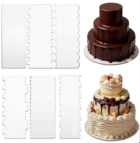 6PCS Clear Acrylic Cake Scraper Smoother Set, Dual-Edge Icing Scraper Cake Smoother with 12 Patterns, Buttercream Frosting Cake Decorating Tools