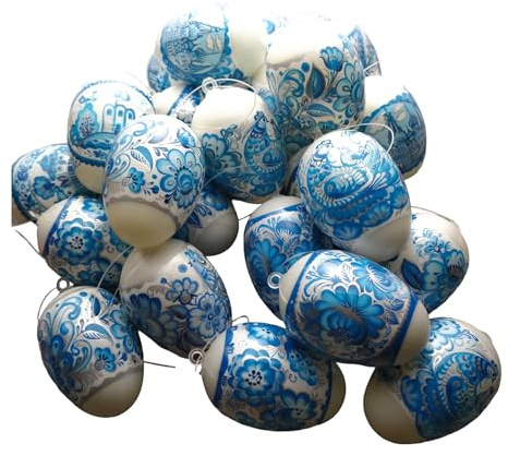 Ukrainisches Kunsthandwerk 24 Ostereier Plastik mit unsere Folie verziert Blau/Silber. GZEL mit Aufhänger. WETTERFEST.