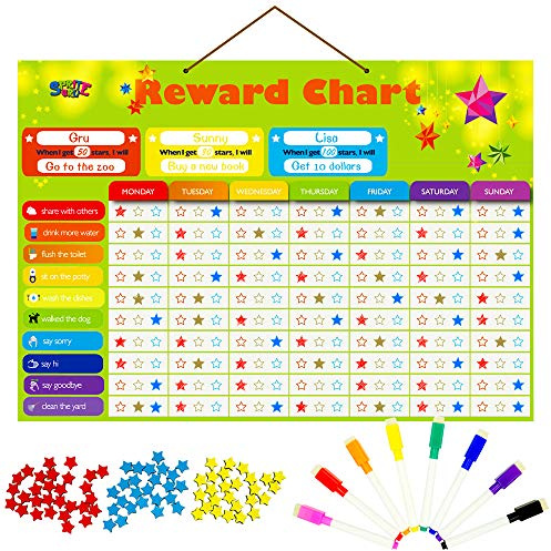 Magnetisches Belohnungsverhaltensdiagramm für Kinder, Enthält 8 Marker, 60 illustrierte Aufgaben mit Schaumstoffunterlage, 300 Sterne in Rot Gelb Blau, X-Groß 43 x 30,5 cm, Aufhängeöse Bereit