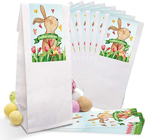 Logbuch-Verlag 10 kleine Ostern Geschenktüten für Lebensmittel 7 x 4 x 20,5 cm mit Banderole Osterhase zum Zukleben Geschenke für Kunden Kinder Kollegen