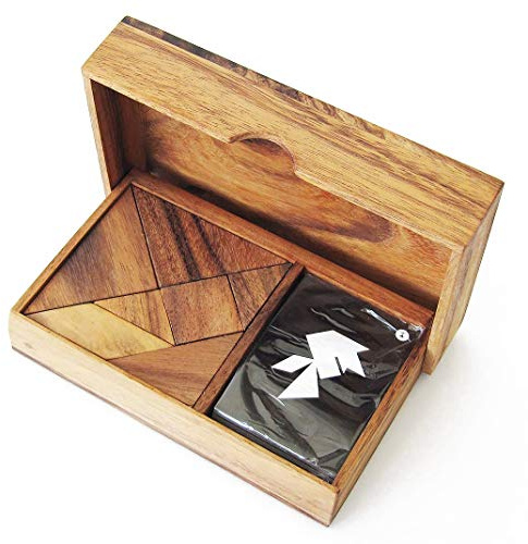 TANGRAM Double – ab 6 Jahren für 1 bis 2 Spieler, Kopf aus Massivholz nach CE-Normen, französische Marke Le Délirant, ein Puzzle mit mehr als 64 Figuren zum Realisieren. Reisespiel.