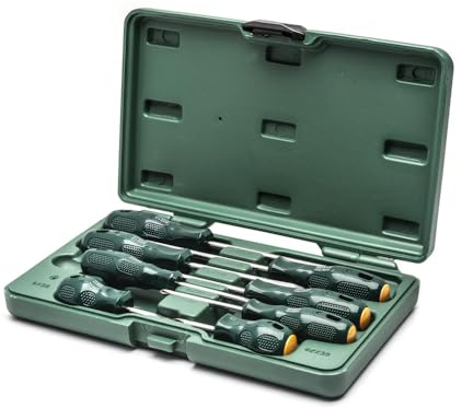 SATA ST09306SJ Juego de Destornilladores Ranurados y Phillips con Asas Ergonómicas Verdes y Estuche de Transporte Duradero de Poliuretano, 8 Piezas