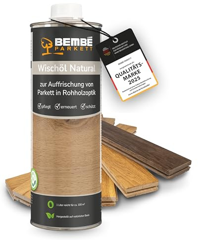 Bembé Wischöl Natural I 1 Liter I Parkett Öl für Rohholzoptik & weiß geölte Parkettböden I Pflegeöl zur Auffrischung I Seidenmatt & rutschhemmend I Schmutzabweisend & ergiebig für ca. 100 m² I Weiß