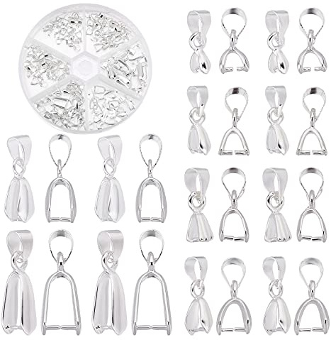PandaHall 90 Stück 6 Größen Messing Prise Kautionen Prise Clip Bail Verschluss baumeln Charm Bead Anhänger Connector Erkenntnisse für Anhänger Halskette Schmuck DIY Handwerk machen, Silber