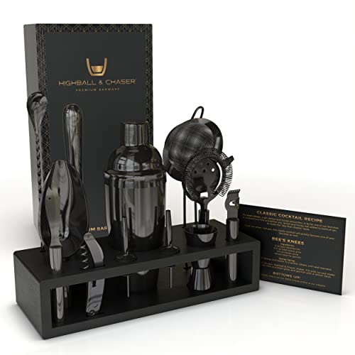 Highball & Chaser 13-teiliges Cobbler Cocktail Shaker Set: schwarz polierter Edelstahl Barkeeper-Set für Home Bar Cocktail Set,Lasergravierte Cocktail-Werkzeuge,Plus E-Book mit 30 Cocktail-Rezepten