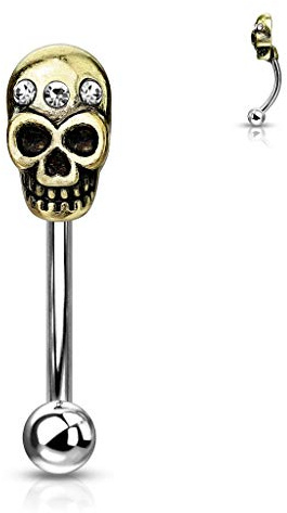 Luxe Modz - Piercing curvo per sopracciglia, in acciaio chirurgico, con design a teschio IP in oro antico