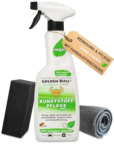 Golden Bull® Kunststoffreiniger & Kunststoffpflege Set Auto Innenraum [VEGAN - OHNE Chemie] Kunststoff Reiniger 500ml, Schwamm & Microfasertuch - Cockpit Reinigung & Pflege mit Farbauffrischung