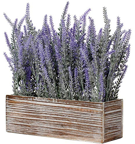 Briful Künstliche Lavendel Blumen Kunstpflanzen Kunstblumen Flocked Kunststoff Lavendel in Rechteck Antik Holztopf Indoor Outdoor Home Küche Büro Tischdekoration Dekor