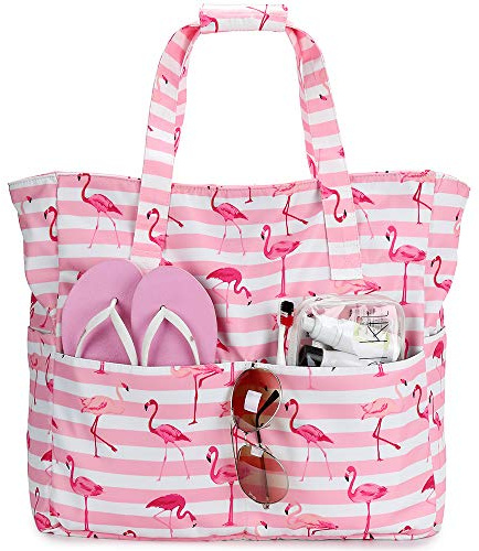 LEDAOU Stor strandväska med dragkedja för kvinnor, vattentät axelväska, bärväska, shopper, sandtät med dragkedja, pool, fitness, resväska, familj, Rosa flamingo, 17.5 x 15.7 x 8 ZOLL, Modern
