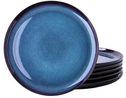 LERATIO Ceramic Plate Set of 6,8.5 Inch Reactive Glaze Light Weight Porcelain Salad Plates,Modern Shape Dinnerware Dishes Set for Kitchen,Microwave&Dishwasher&Oven Safe,Resistant-Indigo Blue