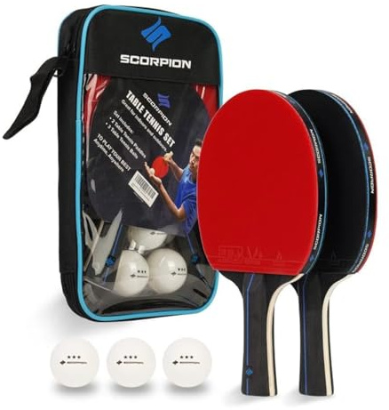 Scorpion Bordtennisfladdermöss, bollar, professionell bordtennis, 5-lagers träblad bordtennisracket set för 2 eller 4 spelare, snyggt förvaringsfodral, perfekt för inomhus/utomhus (set med 2 spelare)