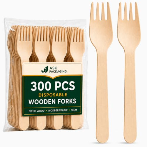 [Paquete de 300] Tenedores de madera desechables (16,5 cm) – Tenedores de cubiertos de madera biodegradables | Ecológicos y libres de plástico, tenedores de madera 100% naturales para picnic, fiesta