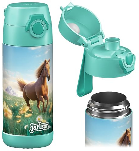 Jarlson® Trinkflasche Kinder Edelstahl MALI [THERMOSFLASCHE] - Kindertrinkflasche Auslaufsicher - Thermoskanne Kohlensäure geeignet - Thermo Trink Flasche für Schule & Kindergarten (350ml, Pferd 2.0)
