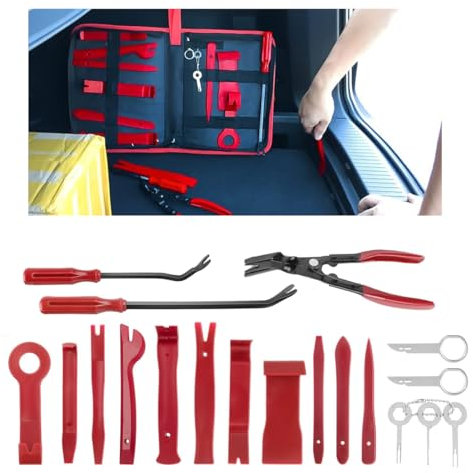 GLSOWEE Lot de 19 outils de retrait de garnitures de voiture, pinces de démontage de fixations de voiture, pinces en plastique avec sac de rangement pour panneau de garniture, porte audio, pince à