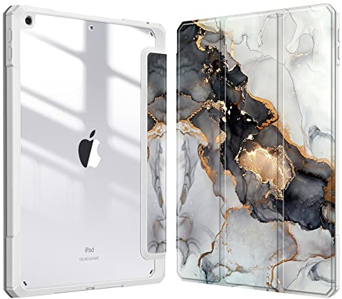 Fintie Schlanke Hybrid-Hülle für iPad 9., 8.und 7. Generation (2021/2020/2019), 26 cm (10,2 Zoll), eingebauter Pen-Halter, stoßfeste Abdeckung mit klarer transparenter Rückschale, Wolken-Marmor
