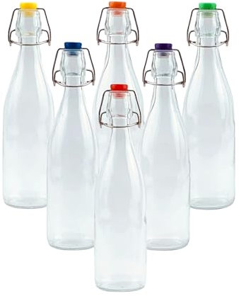 simpa Vintage Style Clear Glass Bottles with Assorted Colour Swing Top Lids. Round 500ml Bottles - Set of 6