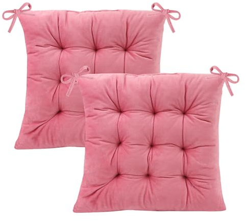 MissSoul 2 Pack Square Seat Cushion Chair Pads for Kitchen Dining Chairs, Soft Comfort Velvet Chair Mat Pillow Cushions with Ties for Office Desk Living Room Tatami 15.5, Pink
