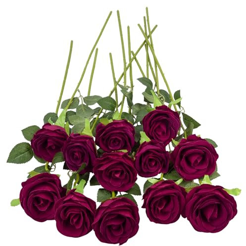 Woltoy 12 Pcs Dark Red Artificial Velvet Roses, Real Touch Fake Rose with Single Long Stem, Artificial Flowers for Home, Garden, Party, Wedding Bouquet, Office Decorations