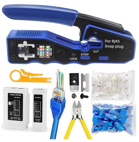 NEWFUN RJ45 Crimpzange, Netzwerk Werkzeug Set, Crimpzange RJ45, Netzwerktester, Abisolierzange, Professionelle Netzwerkinstallation, Cat5 Cat5e Cat6 Crimpwerkzeugsatz, 20 x RJ45 Stecker