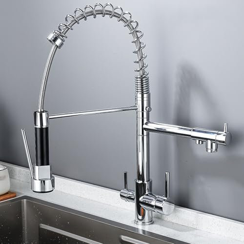 ZYCDP Küchen Wasserhahn Spiralfeder 3 Wege Küchenarmatur Ausziehbar, Mischbatterie Küche Messing Einhand Küchenwasserhahn Chrom
