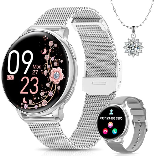 BANLVS Smartwatch Damen mit Telefonfunktion, 1.27“ HD Uhren Damen mit 110 Sportmodi, Pulsmesser, Schlafmonitor, Menstruationszyklus, SpO2 und BMI, IP68 Wasserdicht Smartwatch für Android iOS, Silber