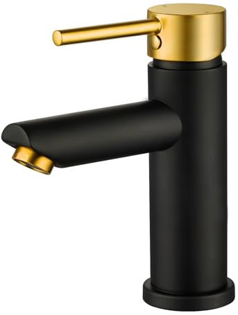 Peppermint Black Basin Mixer Tap Bathroom Sink Tap with Brushed Gold Lever, Modern Basin Taps Stainless Steel Mono Single Lever Bathroom Taps with Hot and Cold Hoses