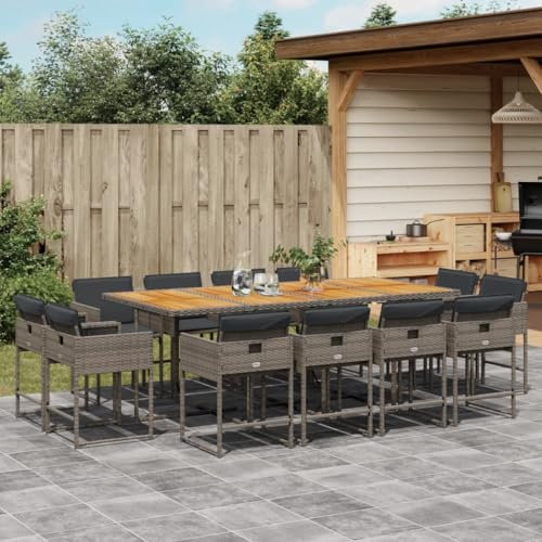 Somanki 13-TLG. Garten-Essgruppe mit Kissen Grau Poly Rattan, Esstisch Mit Stühlen Set, Gartenmöbel Sitzgruppe, Balkon Möbel, Gartenlounge Set, Terrassenmöbel, Balkonmöbel Set - 3278173