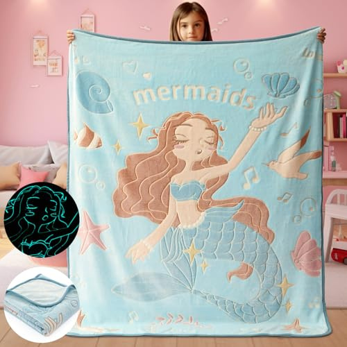 Tociwih Glow in The Dark Mermaid Blanket Throw Gifts for Girls Kid Blankets Super Soft 3 4 5 6 7 8 9 Year Old Girl Gift Ideas Girls Toys Age 6-8 Mermaid Toys Birthday Gifts 50x 60