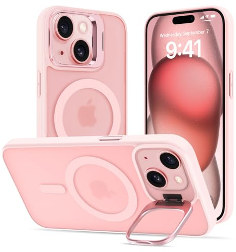 Cover Cavalletto per iPhone 14 Plus/15 Plus, Compatibile con MagSafe, Magnetica Custodia con Supporto per Fotocamera Regolabile Integrato Traslucida Opaca Antiurto Protettiva Case, Rosa