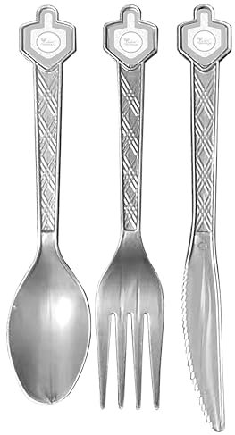 Chanukkah-Besteck – 30-teiliges Dreidel-Besteck-Set – Hanukkah-Papierwaren – Silbergrau Chanukah-Partyzubehör – 10 Löffel, 10 Gabeln, 10 Messer
