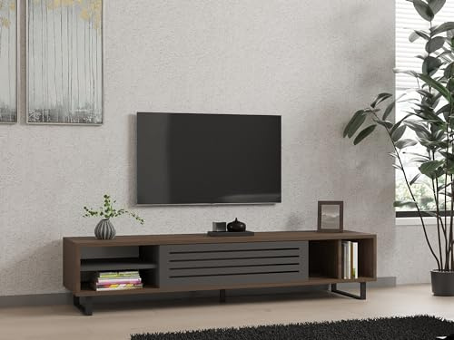 Hanah Home Industrial TV Stand, Walnut & Anthracite, 160 x 35 x 40 cm | 100% Melamine Coated Particle Board, 18 mm Thick | Stylish & Durable for Modern Living Rooms