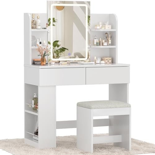 Devoko Schminktisch mit Spiegel, Frisiertisch mit LED-Beleuchtung Spiegel Verstellbarer Helligkeit, Kosmetiktisch mit Hocker, 2 Schubladen, 4 Ablageböden, Modern, 90 x 40 cm, Weiß