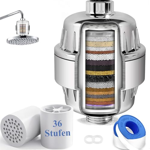 Raheem 36 Stufen Duschfilter Vitamin C E Kalkfilter Dusche mit 2 Filterpatrone zur Entfernung von hartem Wasser, Restchlor und Schwermetallen mit Lüfterblättern für Alle üblichen Duschfilter